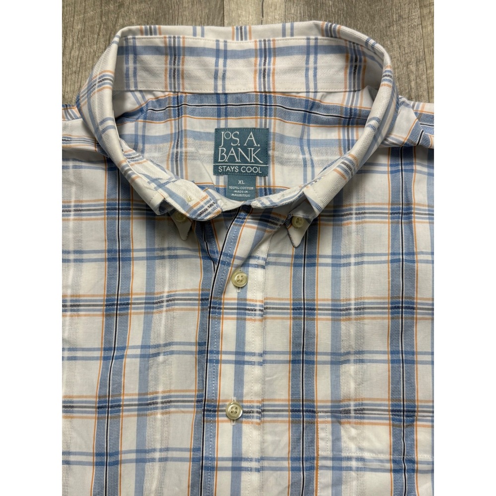 Jos. A. Bank Stays Cool Mens XL Blue Plaid Short Sleeve Button Down Cotton Shirt